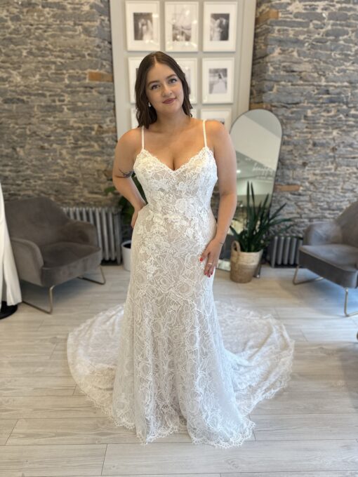 Gladys a lace fitted wedding dress with straps and lace and beading details
