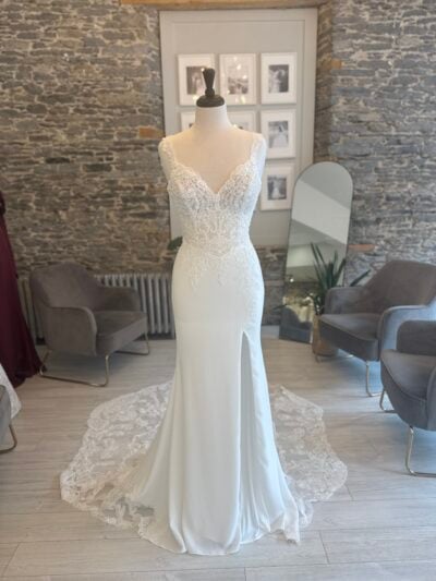 Larsa, Lace bodice dress with beaded detail and a lace detailed train.