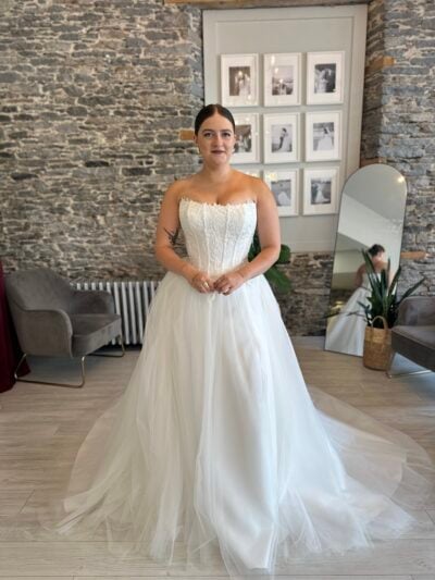 Silas corset top weddding dress with tulle skirt on a bride at Runway bridal
