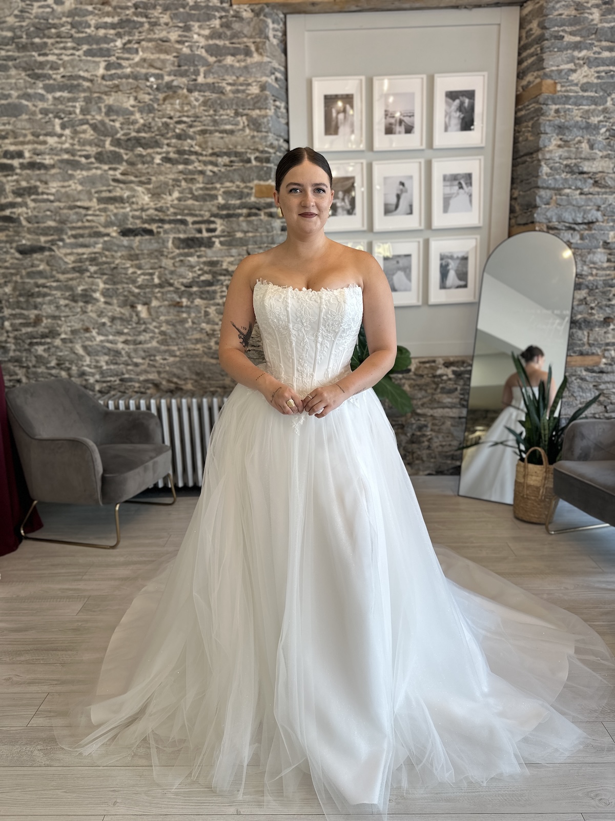 Silas corset top weddding dress with tulle skirt on a bride at Runway bridal