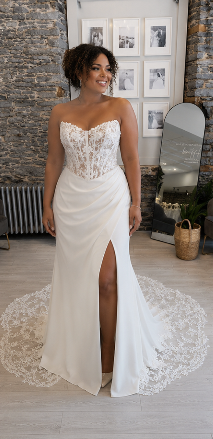Landry lace fitted wedding dress on a bride at Runway Bridal