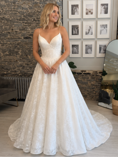 Graham Brocade wedding Dress - Bride wearing the dress at Runway Bridal