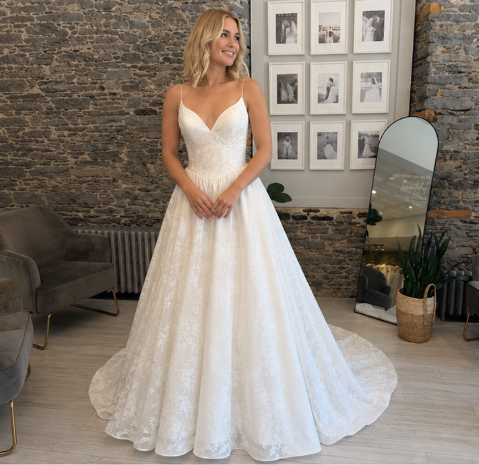Graham Brocade wedding Dress - Bride wearing the dress at Runway Bridal