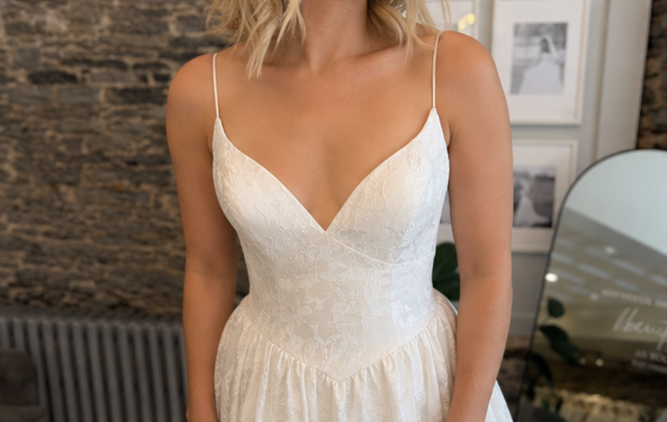 Graham Brocade wedding Dress - Bride wearing the dress at Runway Bridal