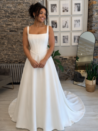 Rivie Satin wedding Dress - Bride wearing the dress at Runway Bridal