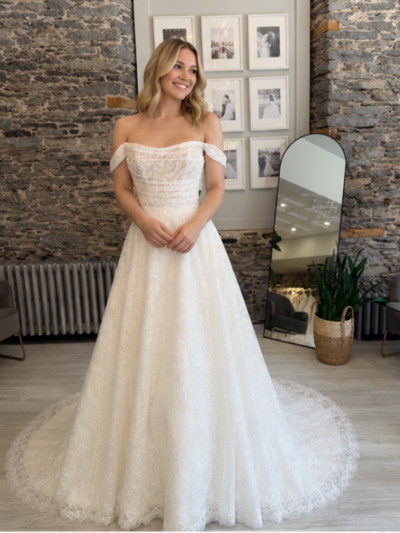 Rulla Lace wedding Dress - Bride wearing the dress at Runway Bridal