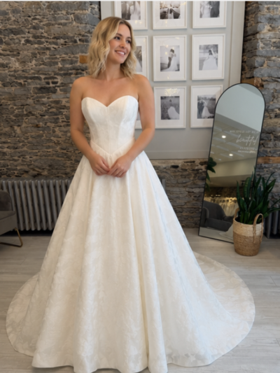 Ryhan Brocade Aline wedding dress on a bride at Runway bridal