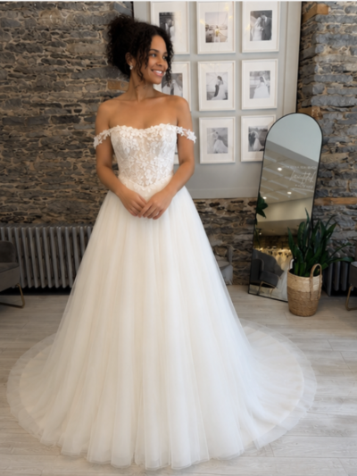 Sadie lace and tulle ballgown on a bride at Runway bridal